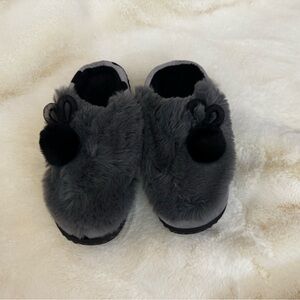 Gray Faux Fur Slippers with Pom Poms